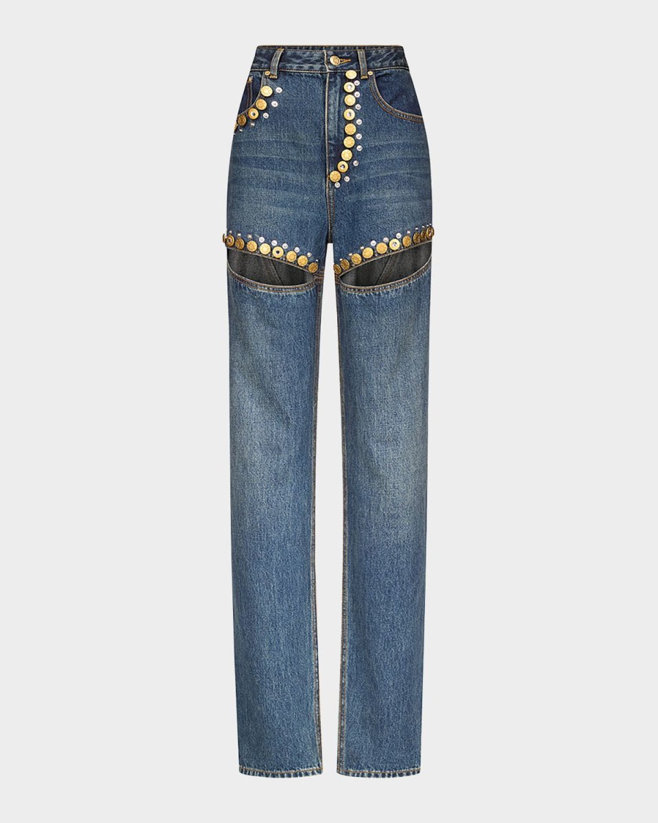 Crystal Button Studded Slit Straight-Leg Jeans